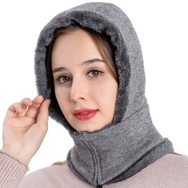 QUEBEAR Women Balaclava Beanie Fleece Hood Cycling Ski Thermal Face Cover Hat Winter Warm Cap Scarf for Cold Weather Grey