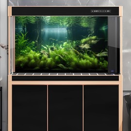 OHIOCATII Underwater Aquarium Background Lush Green Aquatic Plants with Sunbeams Fish Tank Background Underwater Rooted Species Stone with Moss Tropical Fish Terrarium Background Vinyl 48x18in