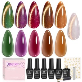 Beetles Gilded Lull Cat Eye Gel Nail Polish Set - 6 Colors Jelly Red Green Brown Purple Silver Cat Eye Glitter Gel Nail Kit Gold Powder Magnetic Soak Off UV Salon DIY Manicure Christmas Gift for Women