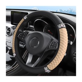 Bling Soft Leather Steering Wheel Cover, 15 Inch Colorful Rhinestones Auto Elastic Steering Wheel Protector, Sparkly Crystal Diamond for Women Girls, Car Interior Accessories (Beige)