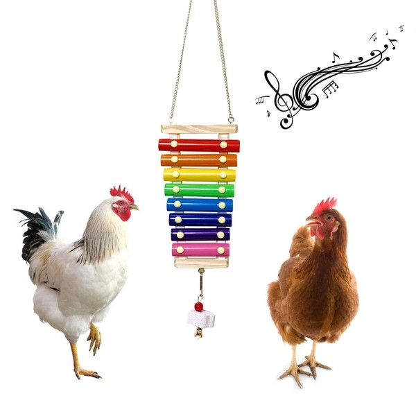 Vehomy Chicken Xylophone Toy for Hens Suspensible Wood Xylophone Toy with 8 Metal Keys Chicken Coop Pecking Toy with Grinding Stone (Rainbow Color)