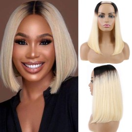 Huarisi 10 Inch Upart Bob Wig Human Hair Blonde, 1B/613 Ombre Bob Wigs None Lace for Women, Short Real Hair Wigs Black Roots to Bleach Blonde Bob Leave Out Natural
