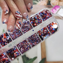 Independence Day Nail Art Glitter Nail Powder 4th of July Nail Art Sequins 3D Flakes Red White Blue Star Hexagon USA Flag Nail Design Shiny Glitters Powder Accessories for Women Manicure Decoration
