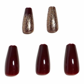 MISUD Wine Red Press on Nails Long Coffin Fake Nails Glossy Glue on Nails Ballerina Acrylic Nails Fall Burgundy Artificial Nails Bling Gold Glitter Stick on False Nails with Design 24 pcs