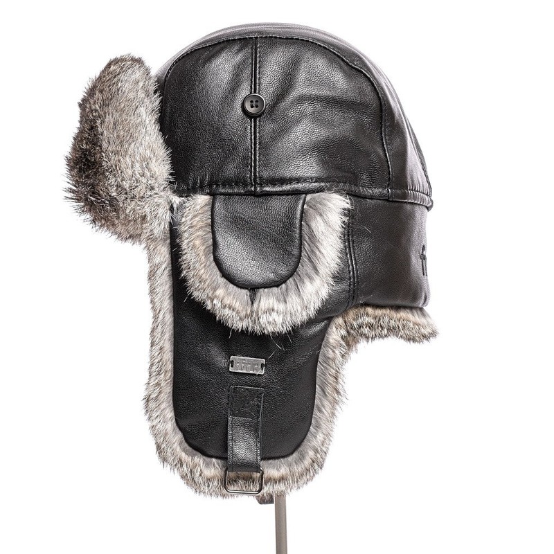 frr Leather Rabbit Fur Aviator Hat (M, Black)