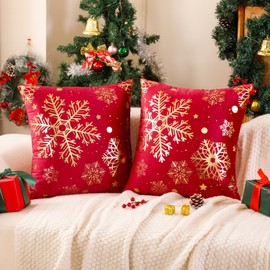 Miuyunya Set of 2 Christmas Red Cushion Covers, Velvet Decorative Cushion Covers, 50 x 50 cm, Gold Snowflake Cushion, Decorative Cushion Cover for Winter, Christimas, Sofa, Couch, Living Room