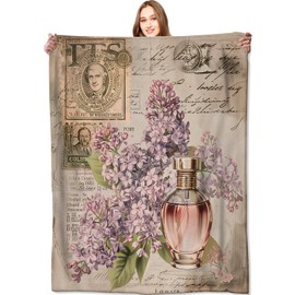 VODRM Vintage Perfume and Lilac Blanket Floral and Nostalgia Retro Throw Blankets,Birthday Gifts for Women,Lightweight Soft Fleece,Art Lovers,Sofa Couch Bed Room Modern Rustic Decor 50x60in