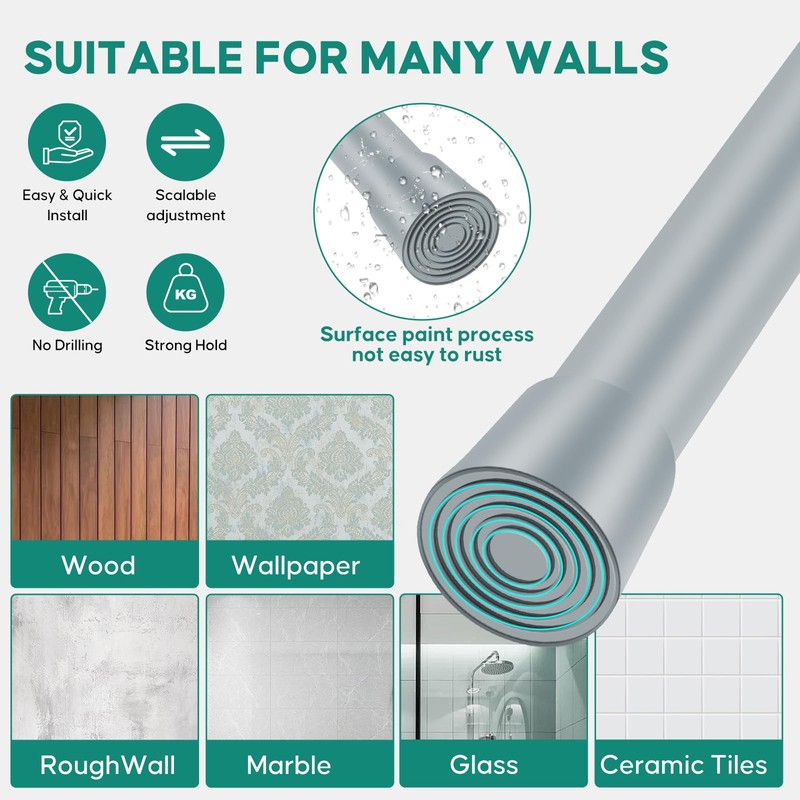 Silver Grey Adjustable Shower Curtain Rod 28-64 Inches 1pc, 7/8"