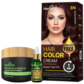 Dark Brown Rapid Infusion Hair Color Cream, Permanent Hair Dye in One Minute with Comb Applicator, Argan Hair Oil 1FL Oz and Argan Oil Deep Conditioning Hair Mask 5.07 FL OZ Combo Pack