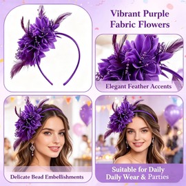 WIWUFUE Purple Flower Headband, Floral Feather Hairband with Pearl Design Party Headband for Women Wedding Headpiece Fascinator Party Hair Accessories Carnival Hair Hoop