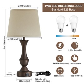 Luvkczc 22" Table Lamp Set of 2 - Vintage Brown Bedside Lamp with Beige Fabric Shade, 3-Way Dimmable, USB C+A Ports, Nightstand Lamp for Living Room Bedroom (Bulb Included)