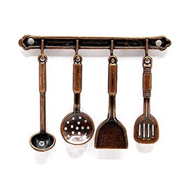 Dollhouse Bronze Hanging Utensil Set & Rack Miniature 1:12 Kitchen Accessory
