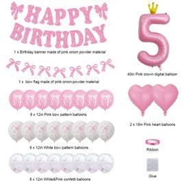 Pink Bow 5th Birthday Decorations,Bowknot Coquette Home Party Supplies for Girl,Sparkling Letter Banner With Scallion Powder Lady Cute Classic Bow