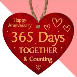 Happy Anniversary "365 Days Together & Counting" – Heart-Shaped MDF Wooden Plaque – 1st Year Wedding Anniversary Hanging Sign – Romantic Keepsake Décor for Couples – Red Love Anniversary