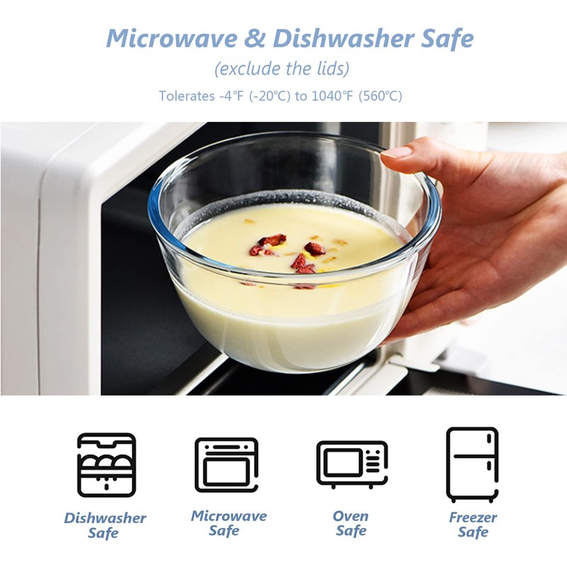 WhiteRhino Glass Mixing Bowls Glass Bowls with Lids Set(4.5QT,2.7QT, 1.1QT),Large
