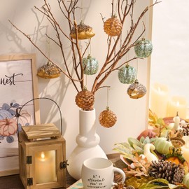 DecorbyHannah Fall Ornaments Decorations for Home,9ct Thanksgiving Pumpkins Autumn Harvest Farmhouse Tree Ornaments with Hedgehog Pinecone,Shatterproof Hanging Ornaments for Tree for Indoor Decor