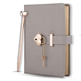 Poshieca Heart Shaped Lock Diary with Key PU Leather Cover Journal Personal Organizers Secret Notebook for Girls & Women B6 Size 5.3x7inch Diary with Rose Gold Metal Ballpoint Pen (Grey)