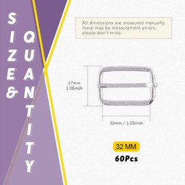 Swpeet 60Pcs 5/4 Inch - 32mm Sliver Metal Rings Metal Rectangle Adjuster Triglides Slides Buckle, Roller Pin Buckles Slider Strap Adjuster Keychains for Belt Bags DIY Accessories (Sliver, 5/4 Inch)