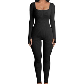 LYSINK Women Yoga Jumpsuit Long Sleeves Solid Color Square Neck Ribbed Knit Workout Outfit Spring Autumn Skinny Romper Bodysuit (Ba Black, M)