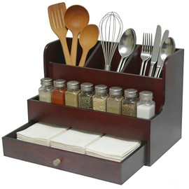 Mynanera Utensil Holder for Kitchen Counter Wooden Utensil Organizer with Drawer & 3 Compartment & Tray Large Cooking Utensil Holder Rustic Spoon Holder Silverware Organizer Storage for Countertop