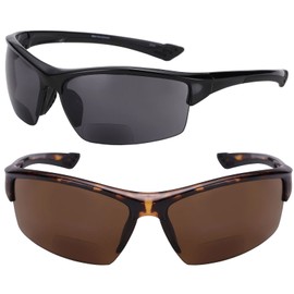 Mass Vision 2 Pair of Unisex Bifocal Reading Sunglasses - Sport Wrap Sun Readers, ANSI Z87.1 Certified (Black/Tortoise, 2.0)