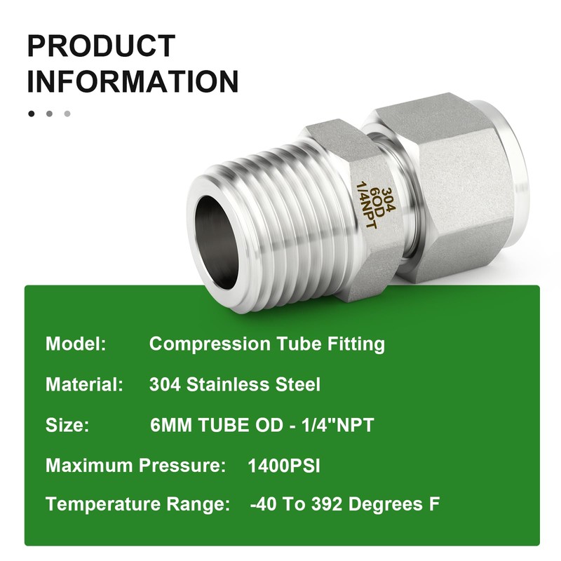 TAISHER 5PCS 304 Stainless Steel Compression Tube Pipe Fitting Connector,