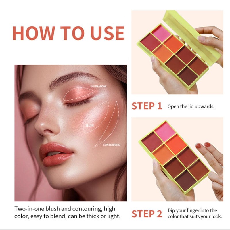 8 Color Cream Blush Palette, Matte Blush, Fine and Smooth