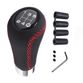 Juttzzei Universal 5 Speed Gear Knob, Car Gear Shift Knob, Manual Gear Stick Knob, Leather Gear Stick Shifter Cover with 4 Adapters 8mm 10mm 11mm 12mm for Manual Automotive Vehicles - Red Stitching