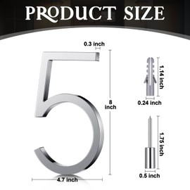 Blulu 8 Inch Stainless Steel Floating Large House Number 0-9 for Outside Modern Floating Address with Nail Kit and Instructions High Gloss Silver Address(Number 5)