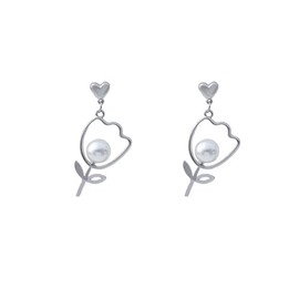 Tulip Earrings for Women White Pearl Tulip Flower Dangle Earrings Tiny Heart Flower Drop Earrings Valentine's Day Birthday Christmas Gift for Her (silver)