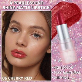 Prreal Glitter Lipstick, Diamond Metallic Lipstick, Pearlescent Matte Lipstick, Cream Sparkling Lip Large Lipstick, Waterproof Not Stick Cup Lip Makeup Gift for Women Christmas (06 Cherry Red)
