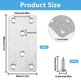 10 Pcs Flat Brackets for Wood Heavy Duty Metal Brackets, Metal Plates Metal Flat Joining Plates for Wood, Flat Connecting Joining Plates for Fixing Timber Fence Pergola Railway Sleeper Brackets