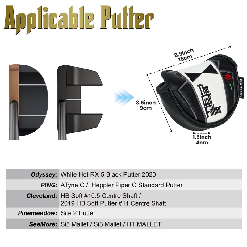 Golf Mid Half Mallet Putter Head Cover Magnetic Closure Centre-shaft