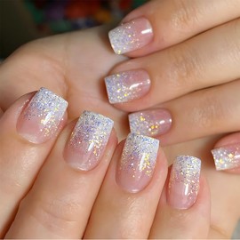 Glitter White French Tip Press on Nails 24pcs Short Square Pink Fake Nails with Glitter Design Glue on Nails Gradient False Nails Supplies Full Cover Glossy Acrylic Nails