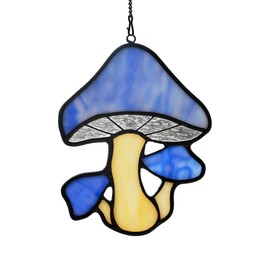 BOXCASA Mushroom Decor Stained Glass Window Hanging,Blue Mushroom Stained Glass Sun Catcher Indoor Window,Mushroom Party Decorations,Home Decor for Living Room Bedroom Kitchen Bathroom