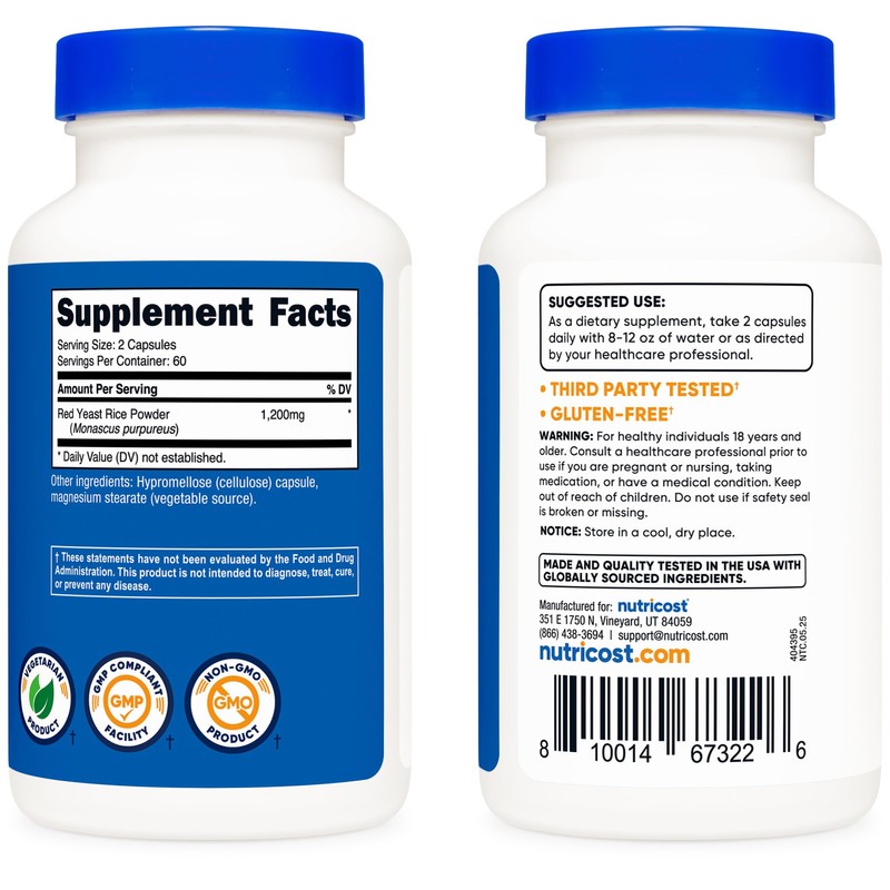 Nutricost Red Yeast Rice 1200mg, 120 Capsules - 60 Serv,