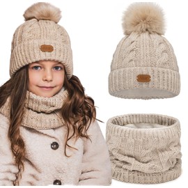Alur Children's Unisex Beanie with Loop Scarf Set Winter Hat Knitted Hat with Bobble - Warm Elastic Elegant Winter Hat Scarf Eko Bobble Hat - Soft Yarn Stylish Warm, beige