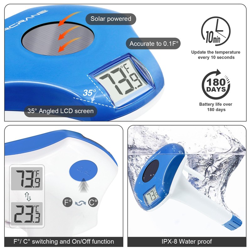 Circrane Solar Digital Pool & Spa Thermometer, Weather Resistant Floating