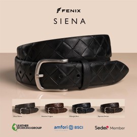 FENIX Men's Adjustable Leather Belt Siena Size 85 cm to 110 cm Vintage Silver Clasp 35 mm Wide Belt Made of Full Cowhide Leather with Braided Embossing, jet black