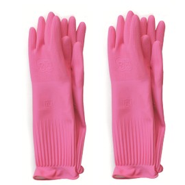 Myungjin (2 Pairs Reusable Waterproof Household Dishwashing Non-Slip Cleaning Latex Rubber Kitchen Gloves (Pink, X-Large)