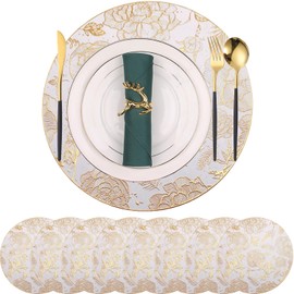 pigchcy Gold Round Placemats Set of 8 Metallic Rose Pressed Vinyl Dining Table Mats Farmhouse Kitchen 15inches Table Setting Centerpiece Decoration