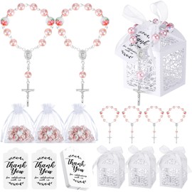 100 Pcs Baptism Favors Set Includes 25 Pcs Mini Rosary 25 Pcs Baptism Favor Boxes 25 Pcs White Organza Bags 25 Pcs Kraft Thank You Tags for Christening Communion Baby Shower Party Decorations (Pink)