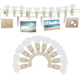 Feelorna Pack of 20 Mini Wooden Pegs, Mini Heart Clothes Pegs with 2 Metre Jute Cord, Mini Wooden Clothes Pegs for Photos DIY Photo Wall and Wedding Party Decoration (White)