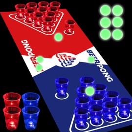 HIOHWEFH 71 * 23inch Glow Beer Pong Table Mat Set, Glowing Portable Pong Set for Party Games, Glow in The Dark Party Festivals Indoor Outdoor, 22 Glowing Party Cups(Red&Blue), 6 Glowing Pongs
