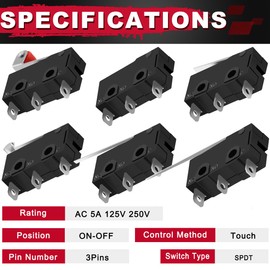 MKBKLLJY 12 pcs Mini Micro Limit Switch AC 5A 125V 250V Roller Lever Arm without Rod Short Lever Arm Half-Circle Bending Lever Arm Long Lever Arm Very Long Straight Hinge Lever Arm Switch