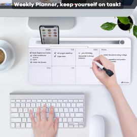 Varhomax Glass Weekly Dry Erase Desk White Board, Desktop to Do List Planner Whiteboard Calendar with Storage Caddy Memo Desk Board Buddy for Home and Office, White