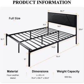 Lov4ever Metal Bed Frame with Geometric Litchi Grain Leather Headboard, Black - Full