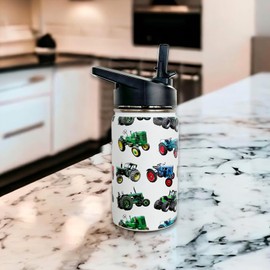 tractor Kids Water Bottle for School with Straw Lid,12oz Stainless Steel Insulated Water Bottle for Boys & Girls,Leak Proof Lid with Handle & Touch Free Spout (A05)