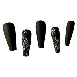 SINHOT Press-on Nails - Long Black Acrylic Coffin Nails with Matte Finish - White Flower Designs, 24 pcs