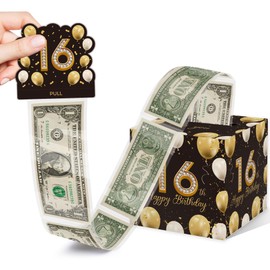 Azbuk 16th Birthday Surprise Gift Box, 16th Birthday Gifts for Girls Boys, Happy Birthday Money Gift Boxes for Cash with Pull Out, Black Gold Decor for 16th Birthday Party(with 35PCS Bags)
